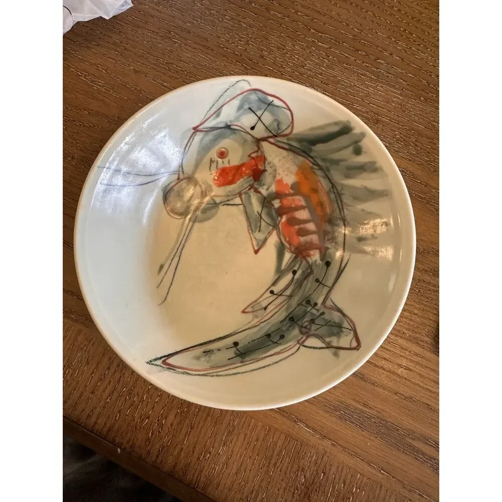 Koi Fish Studio Art Pottery Bowl Signed 7